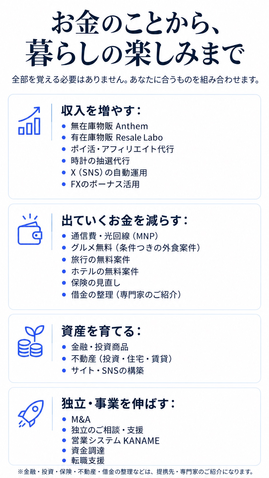 お金のことから、暮らしの楽しみまで 全部を覚える必要はありません。あなたに合うものを組み合わせます。 収入を増やす：無在庫物販 Anthem／有在庫物販 Resale Labo／ポイ活・アフィリエイト代行／時計の抽選代行／X（SNS）の自動運用／FXのボーナス活用 出ていくお金を減らす：通信費・光回線（MNP）／グルメ無料（条件つきの外食案件）／旅行の無料案件／ホテルの無料案件／保険の見直し／借金の整理（専門家のご紹介） 資産を育てる：金融・投資商品／不動産（投資・住宅・賃貸）／サイト・SNSの構築 独立・事業を伸ばす：M&A／独立のご相談・支援／営業システム KANAME／資金調達／転職支援 ※金融・投資・保険・不動産・借金の整理などは、提携先・専門家のご紹介になります。