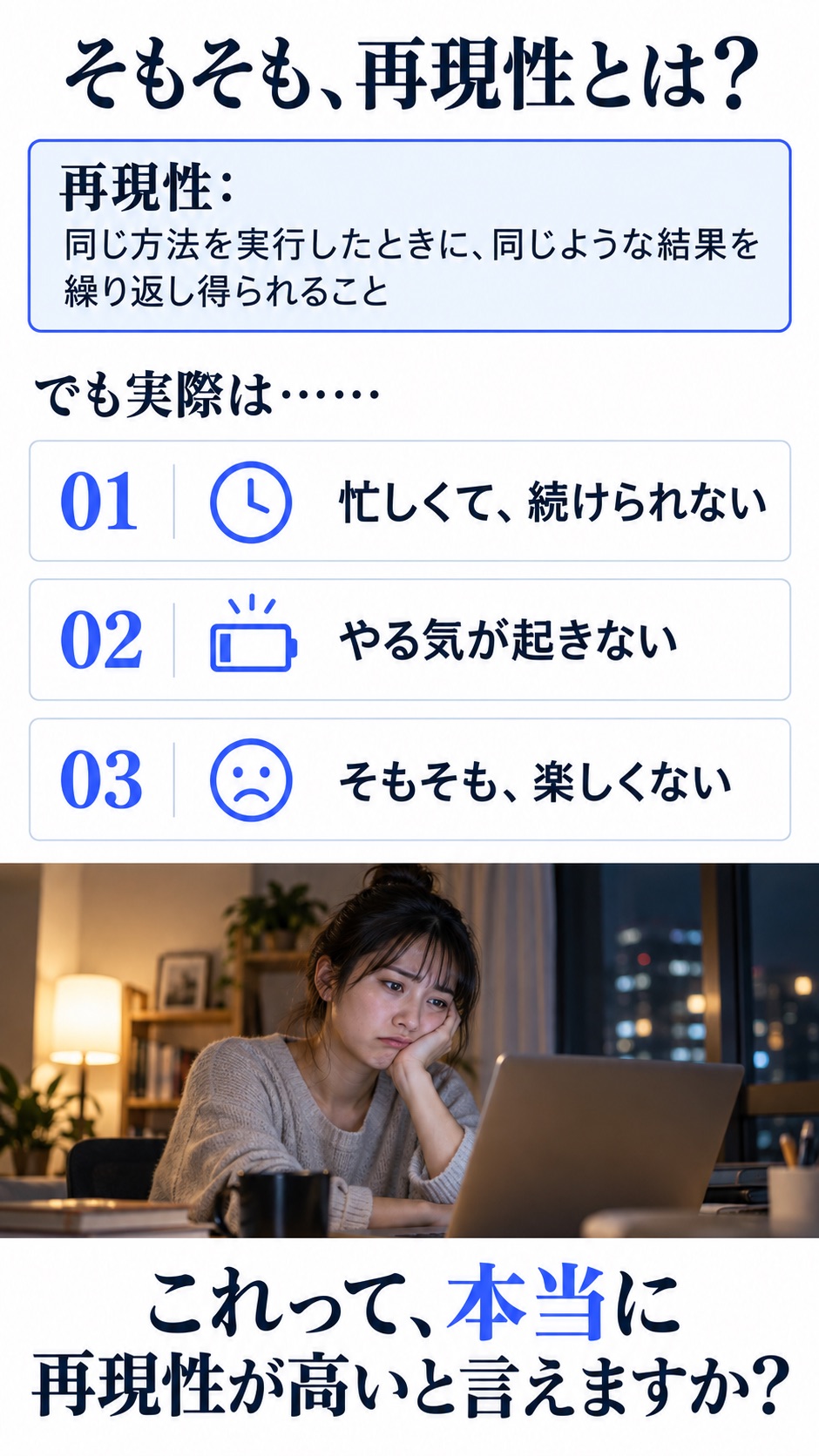 そもそも、再現性とは？ 再現性：同じ方法を実行したときに、同じような結果を繰り返し得られること。でも実際は……01 忙しくて、続けられない 02 やる気が起きない 03 そもそも、楽しくない。これって、本当に再現性が高いと言えますか？