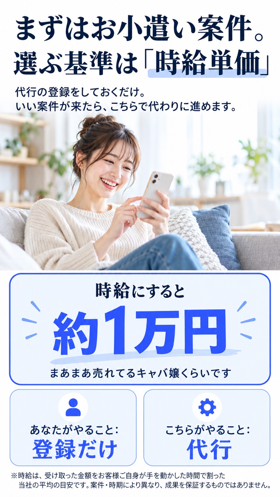 まずはお小遣い案件。 選ぶ基準は「時給単価」 代行の登録をしておくだけ。いい案件が来たら、こちらで代わりに進めます。 時給にすると 約1万円 まあまあ売れてるキャバ嬢くらいです あなたがやること：登録だけ こちらがやること：代行 ※時給は、受け取った金額をお客様ご自身が手を動かした時間で割った当社の平均の目安です。案件・時期により異なり、成果を保証するものではありません。