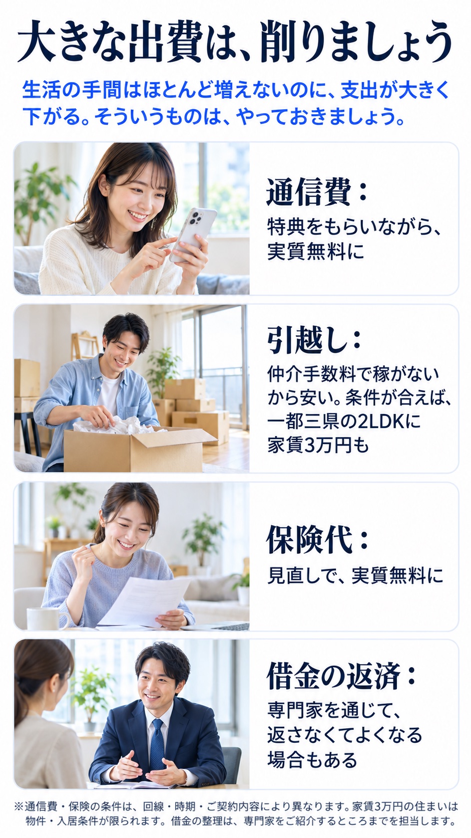 大きな出費は、削りましょう。生活の手間はほとんど増えないのに、支出が大きく下がる。そういうものは、やっておきましょう。通信費：特典をもらいながら、実質無料に／引越し：仲介手数料で稼がないから安い。条件が合えば、一都三県の2LDKに家賃3万円も／保険代：見直しで、実質無料に／借金の返済：専門家を通じて、返さなくてよくなる場合もある