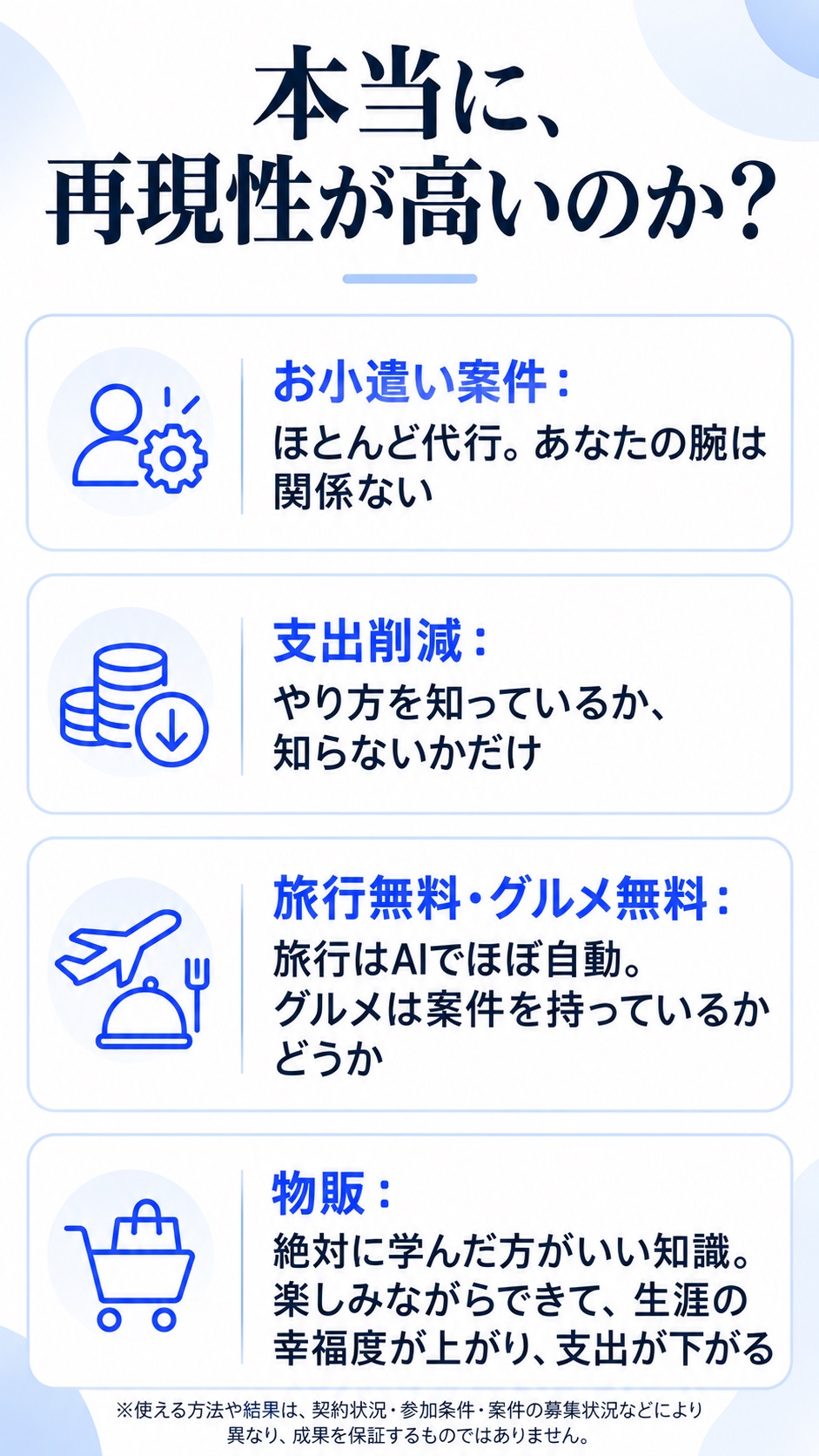 本当に、再現性が高いのか？お小遣い案件：ほとんど代行。あなたの腕は関係ない／支出削減：やり方を知っているか、知らないかだけ／旅行無料・グルメ無料：旅行はAIでほぼ自動。グルメは案件を持っているかどうか／物販：絶対に学んだ方がいい知識。楽しみながらできて、生涯の幸福度が上がり、支出が下がる